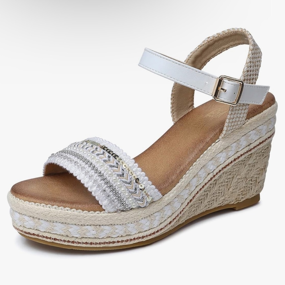 Women’s Wedge White and Tan Espadrille Platform Open Toe Ankle Strap Sandals